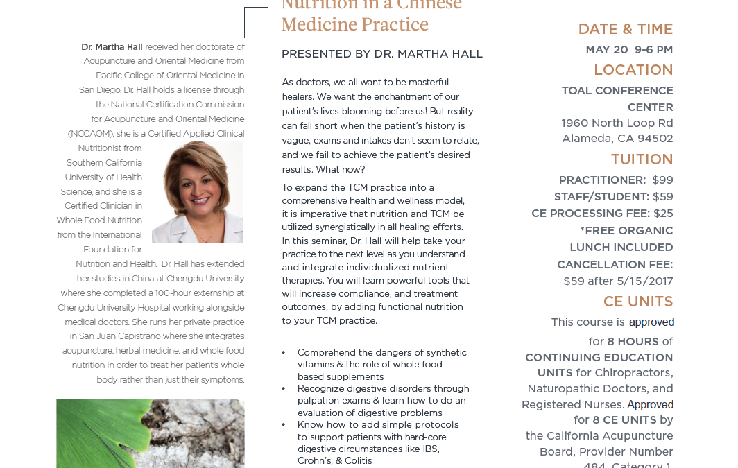 Nutrition in a Chinese Medicine Practice Seminar